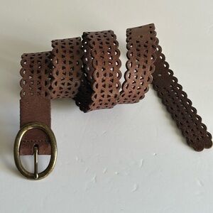 Lucky Brand leather laser cut belt with antique finish brass buckle boho style